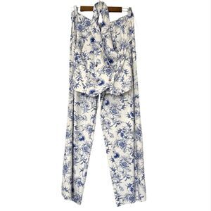 Jason Wu 2‎ Piece Linen Set Women's 2 White Blue Floral Cropped Halter Top Pants